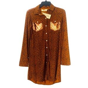 Chic Brown Leopard Print Blouse S Long Sleeves Shimmer Sequin Pockets Mid Length